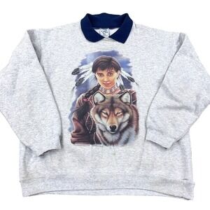 Vintage Nature Sweatshirt Women Large Gray 90s‎ Made In USA Indian Wolf Colored